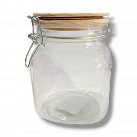 FRASCO VIDRIO CON TAPA SIMIL MADERA CIERRE HERMETICO MEDIANO